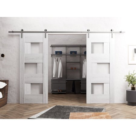 Sartodoors Sturdy Dbl Barn Door 36 x 84in, Nordic White W/ Frosted Glass, SS 13FT Rail Hangers Heavy Set SETE6933DB-S-NOR-3684